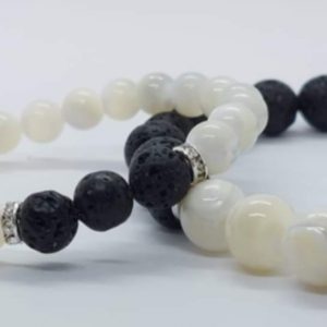 Bracelet de couple spécial st Valentin Pierre de Lave, Nacre