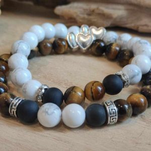 Bracelet de couple Howlite - onyx - oeil de tigre
