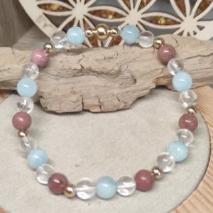 bracelet lise aigue marine , cristal de roche rhodonite