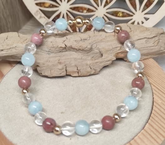 bracelet lise aigue marine , cristal de roche rhodonite