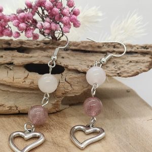 boucle d oreille quartz rose et quartz fraise coeur