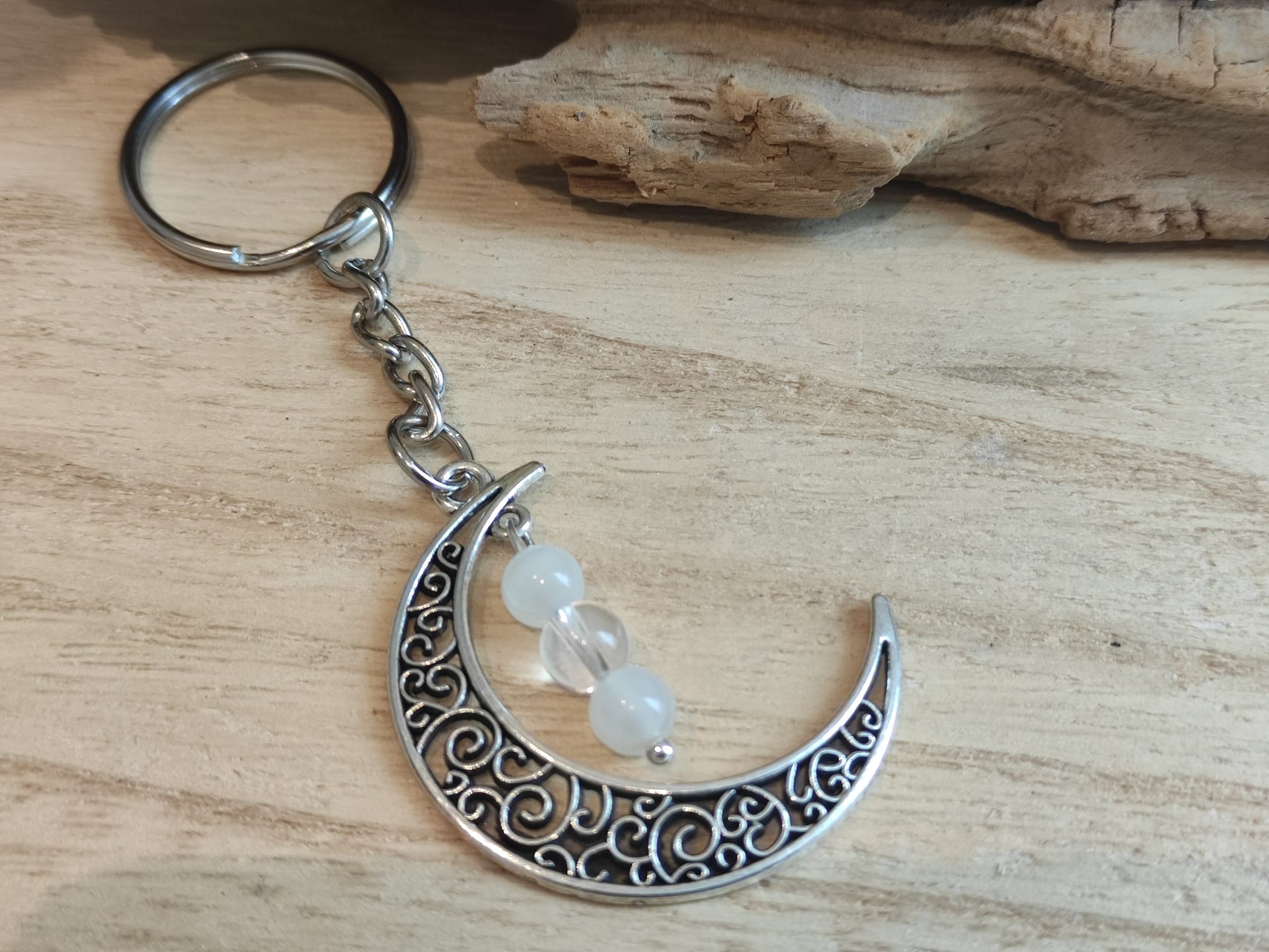 Porte-clés lune Cristal de roche-Pierre de Lune