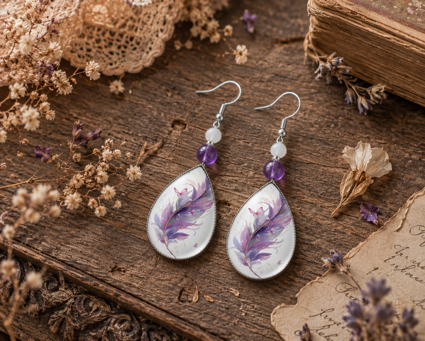 Boucles d'oreilles amethyste-selenite plume