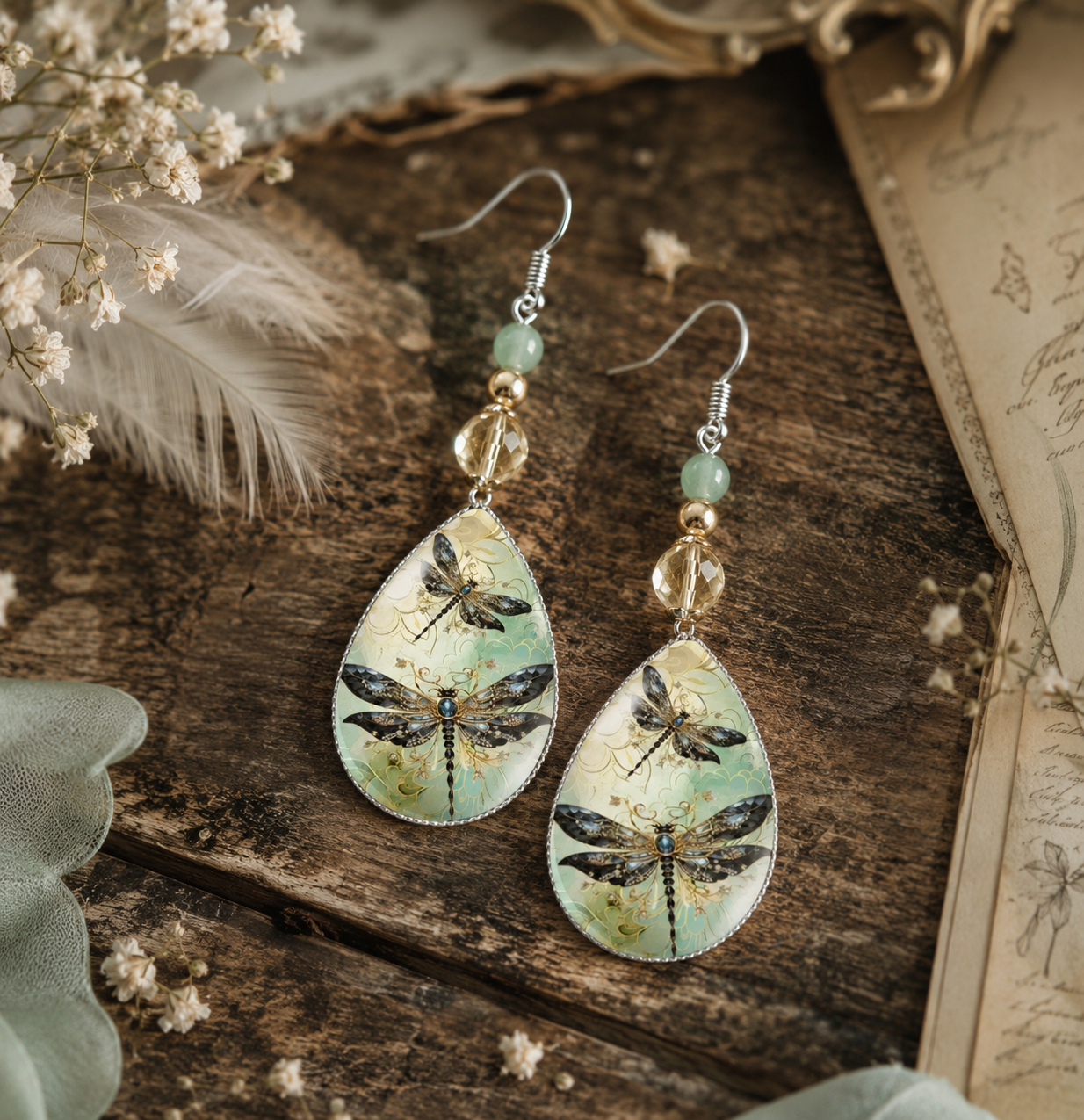 Boucles d’Oreilles Citrine - Aventurine Libellule